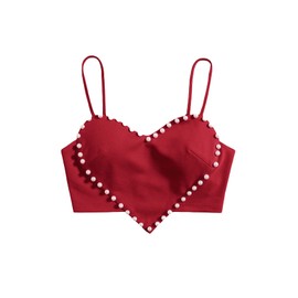 WDIRARA Women's Cami Heart Pearl Crop Top Sparkly Outfits Burgundy M