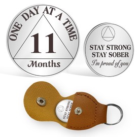 AtSKnSK 11 Months Sobriety Coin 1-12 Months Sobriety Coin AA Chip Locket for Women Men Recovery Gift for Alcoholics Anonymous with PU Leather Keyring (11 Months)