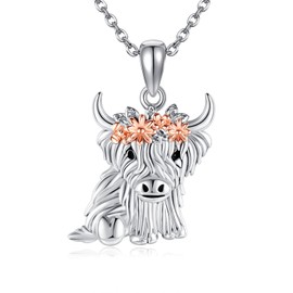 POPLYKE Highland Cow Necklace for Women 925 Sterling Silver Cow Pendant Necklace Highland Cow Jewelry for Women Cow Lover