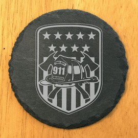 Laser Etched Slate Coasters - Firefighter Tribute, American Flag - Round Slate - set of 6