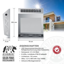 CSL - LED Solar House Number Light Stainless Steel - House Number Illuminated Solar - Automatic Day and Night Detection - Solar Panel Light 10 Lumen - House Number Plate IP44