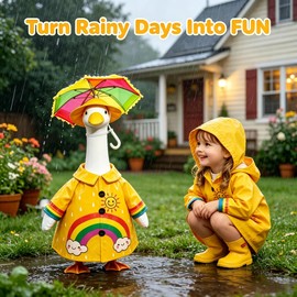 3 Pcs Raincoat Porch Goose Outfits, Summer Lawn Goose Statue Raincoat Costume Yard Clothes, Raincoats Umbrella Hat Outfit Set for 23" Statue Patio Garden Decoration (Rainbow Raincoat)