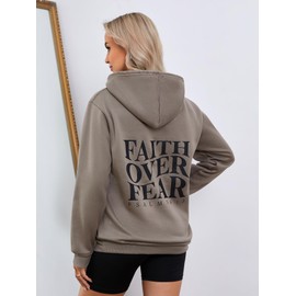 RoseSeek Women's Letter Print Hoodies Oversized Sweatshirt Long Sleeve Tops Pullover Pocketed Streetwear Women Outfits Grey X-Large