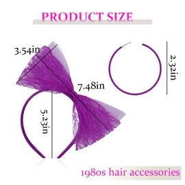 80s Halloween Costume Accessories for Women Vintage Lace Bow Headband and 80s Earrings Purple Large Lace Headband with Bow and 80 s Hoop Earrings for Woman Retro 1980s Hair Accessories and Earrings
