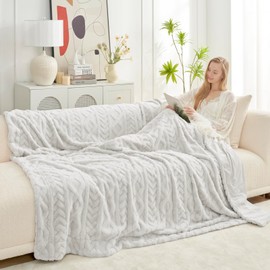 Cozy Bliss Faux Fur Throw Blanket for Couch, Jacquard Fuzzy Plush Soft Thick Winter Throw Blanket for Sofa Bed Living Room Bedroom，60"x80" Beige