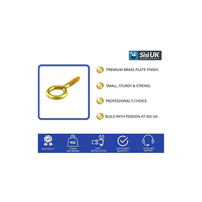 SISI UK Eye Screw Hooks Brass Plated Hook Eye Bolts
