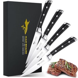 MAD SHARK Premium Steak Knife Set of 4, 4.5-inch Serrated Knives, High Carbon German Stainless Steel, Triple Rivet Construction, Perfectly Packaged in a Gift Box