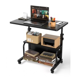 QZMDSM Portable Rolling Desk on Wheels Adjustable Height Desks for Small Spaces, 32" Computer Desk with Storage Shelves for Home Office Black
