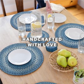 Homespice Denim Jute Woven Round Placemats Set of 6, 15", Country Coastal Decor, Blue Table Mats - Vibrant Colors, Durable, Easy to Clean and Protects Furniture