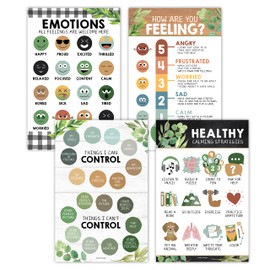 Hadley Designs Feelings Chart for Kids – 4 Pack Emotion Posters for Classroom & Home, Laminated Social Emotional Learning (SEL) & Behavior Management Tools, 11x17 Farmhouse Classroom Decor