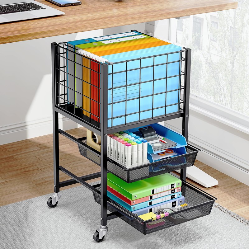 TOOLF 3-Tier Rolling File Cart, Metal Storage Drawer Cart with