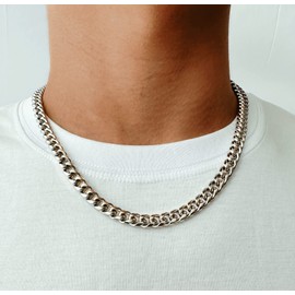 HEIX Mens 6-10mm Chain Necklace Stainless Steel Simple Cuban Chunk Link for Men and Boys, Large, Stainless Steel, No Gemstone (22, 8mm)