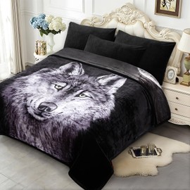 JYK Soft Fleece Bed Blanket Korean Style Blanket, 5 LB Fleece Blanket Queen 75'' x 87'' - 2 Ply Reversible 520GSM Super Soft Plush Flannel Blanket, Warm Bed Blanket for Autumn Winter - Moon Wolf/Wolf