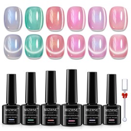 MIZHSE Pearl Cat Eye Gel Nail Polish Set, 6 Color Shimmer Iridescent Cateye Magnetic Gel Polish with Magnet Stick U V LED Curing Requires DIY Manicure Gift for Women Girl
