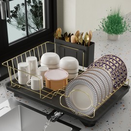 Buruis Dish Drying Rack for Kitchen Countertop, Large Capacity Gold Stainless Steel Dish Drainer with Anti-Slip Rubber Feet, Removable Drain Board and Utensil Holder (Black Tray)
