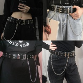 Yuschuh Double Grommet Belt Leather Punk Vintage Rock Jeans y2k Belts for Women Girls Men White