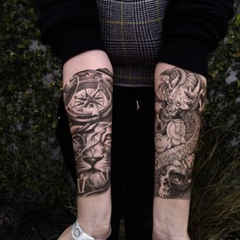 Oottati 8 Sheets Temporary Tattoos Fake Tattoo Arm, Waterproof Large Black Rose Eye Lion Compass Moon Clock Tree Dragon Skull Owl Flower Leopard