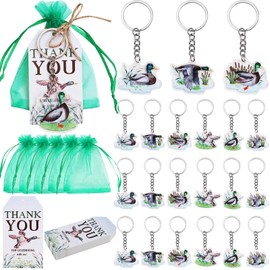 Serencatcher 72Pcs Mallard Duck Baby Shower Favors, One Lucky Duck Birthday Decorations, Green Duck Hunting Thank You for Celebrating with Us Tag Keychain Organza Bags for Boy Girl Gender Reveal Party
