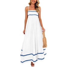 PRETTYGARDEN Women's 2025 Summer Flowy Maxi Dress Casual Sleeveless Spaghetti Strap Ruffle Beach Long Dresses (White Blue,XX-Large)