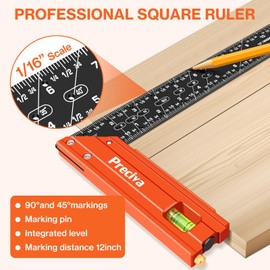 Preciva 12” Carpenter Square Ruler - Aluminum Alloy Framing Square, Right Angle Ruler Metal Square with Edge Support, Multiple Angle Markings and Level Bubble