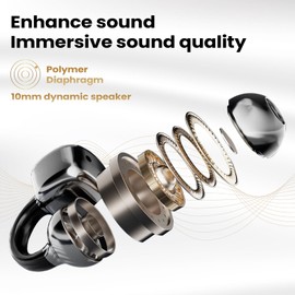 Open Ear Headphones, Open-Ear Clip Wireless Headphones with Intelligent Touch Screen, Bluetooth 5.4 Clip-On Headphones, 3.7 g Buds, Noise Cancelling for Calls, 65 Hours Runtime, IPX5 (Black)