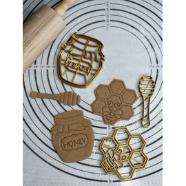 Premium Quality Set of 3 Cookie Cutters and Molds Honey Jar 4", Honey Comb 3.75", Honey Stick 4" Produced by 3D Kitchen Art