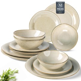 AmorArc Ceramic Dinnerware Sets, Handmade Stoneware Reactive Glaze Plates and Bowls Set, Scratch Resistant | Dishwasher & Microwave Safe Dishes Set, Service for 4 (12pc)