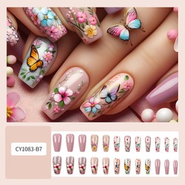 CJDLTS Flower Press on Nails Medium Ballet Shaped Butterfly and Floral Pattern Design Artificial Acrylic False Nail Full Cover Blossom Stick on Nail Spring Glue on Nails for Women Manicure 24Pcs