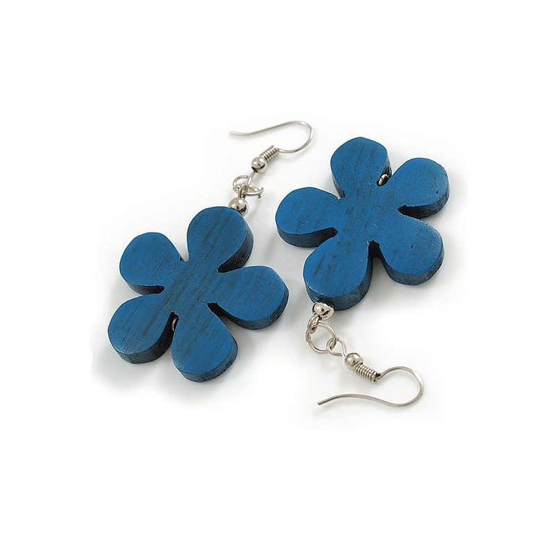 Blue Coloured Wood Flower Drop Earrings - 60mm L