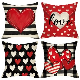 Fjfz Valentine's Day Red Love Heart Decorative Throw Pillow Covers 20x20 Set of 4, Black White Buffalo Plaid Check Stripes Porch Outdoor Home Decor, Anniversary Wedding Holiday Farmhouse Cushion Case