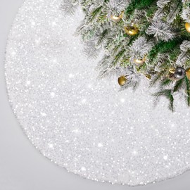 yuboo Small White Christmas Tree Skirt, 24 inches Sequin Mini Tree Skirt Mat White Christmas Decorations for Slim Pencil Tree & Table Top Christmas Trees