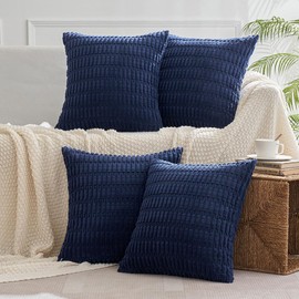 MIULEE Pack of 4 Corduroy Decorative Throw Pillow Covers 18x18 Inch Soft Boho Striped Pillow Covers Modern Farmhouse Home Decor for Sofa Living Room Couch Bed Dark Blue