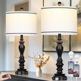 28" Set of 2 Farmhouse Table Lamps for Living room, Bedside Lamp with USB C+A Ports & AC Outlets, Black Vintage End Table Lamps for Bedrooms, Nightstand Lamps Fabric Shades Rustic 2 LED Bulbs Included