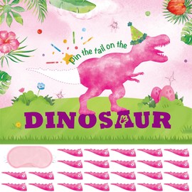 WERNNSAI Pin The Tail on The Dinosaur Game - 24 Pcs Pink Dinosaur Party Games for Girls Kids 21" x 28" Tails Watercolor Dino Party Decoration for Birthday Celebration Supplies