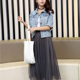 Hixiaohe Women Autumn 3/4 Sleeve Retro Short Denim Jackets Light Blue Jean Coats (Light Blue, l)