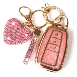 YIKECASE Key Fob Cover with Diamond Keychain Car Key Holder Compatible with Toyota 2018-2024 Highlander RAV4 Camry Avalon C-HR Corolla GT86 Smart Remote Key Protector for Women, 3 Buttons (Pink-Heart)