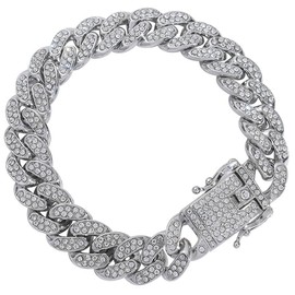 Pimaodog Chain Dog Collar with Bling, Glitter Rhinestone Sparkly Diamond Metal Necklace Cuban Link Cat Collars for Small Medium Large Pet Dogs Puppy (Silver, 24 Inches)