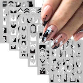 Line Nail Stickers Black White Nail Decals 6PCS Self Adhesive French Tip Sticker for Nails Line Heart Flower Design Slider Manicure Accessories Charms Fall Nail Art Supplies for Women Nail Decorations