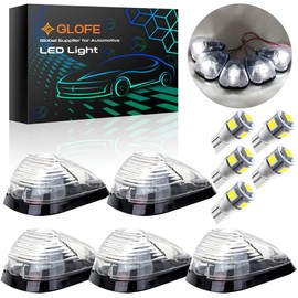 GLOFE 5X Clear Cab Marker Roof Running Lights 264143AM w/ 5X White T10 LED Light Bulbs Assembly Compatible with Ford E150 E250 E350 E450 F150 F250 F350 F450 F550 Super Duty 1999-2016 Pickup Trucks