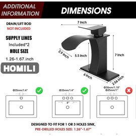 Black Bathroom Sink Faucet, Single Handle Vanity Faucet for Bathroom Sink,Homili 1 or 3 Holes Lavatory Basin Faucets with Deck Plate and Drain(Waterfall Spout, Black)