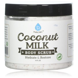 Pursonic Coconut Milk Body Scrub 14oz, with Dead Sea Salt, Almond Oil and Vitamin E for All Skin Type, Natural Skin Care Formula Helps with Stretch Marks, Eczema, Acne and Varicose Veins