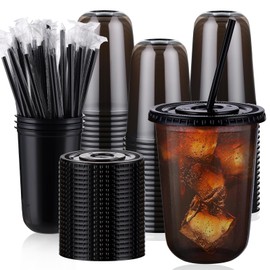 tchrules 100 Set 16oz Plastic Cups with Lids and Straws, Disposable Black Clear Iced Coffee Cup with Lid, Round Bottom Plastic To Go Cups for Cold Drinks Slushie Smoothie Halloween Party Shop Supplies