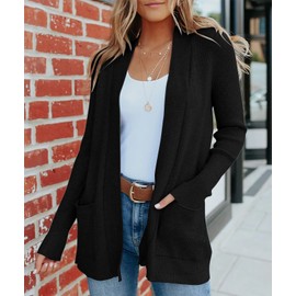 MEROKEETY Women's 2025 Fall Open Front Waffle Knit Cardigan Long Sleeve Cozy Knit Sweaters with Pockets, Black, Small