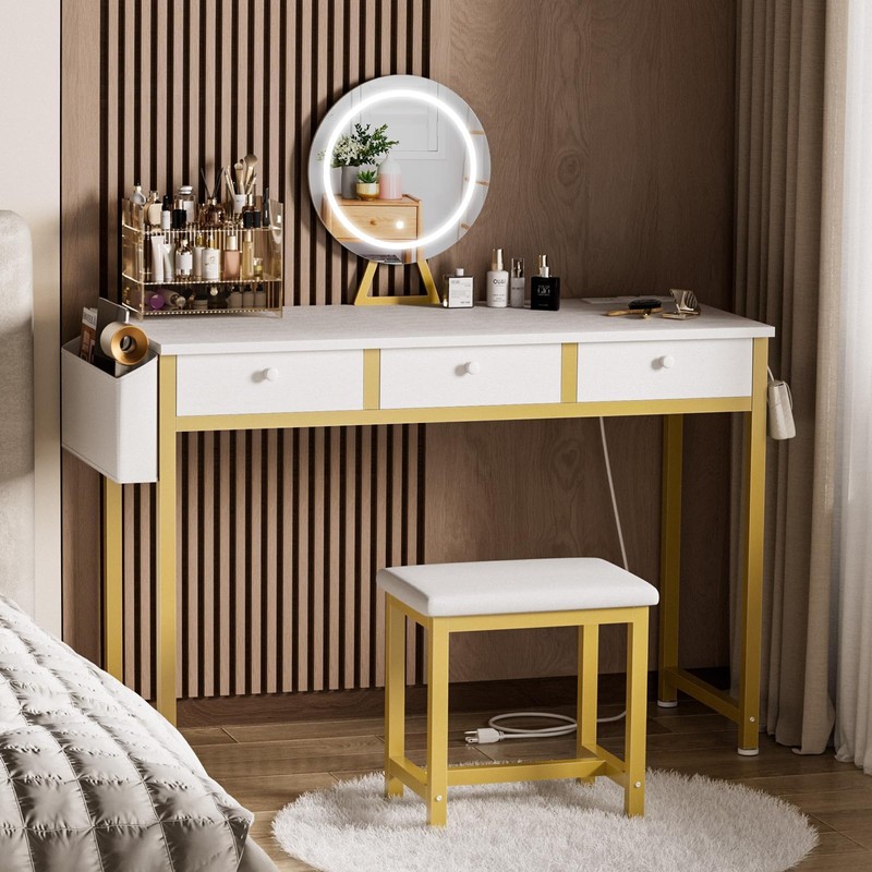KAI-ROAD White and Gold Makeup Vanity Desk with Mirror and