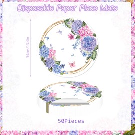 Paper Placemats Disposable 50 Pack Hydrangea Placemats 13.4 Inch Hydrangea Floral Place Mats Round Table Mats Spring Summer Table Mats for Birthday Wedding Party Supplies