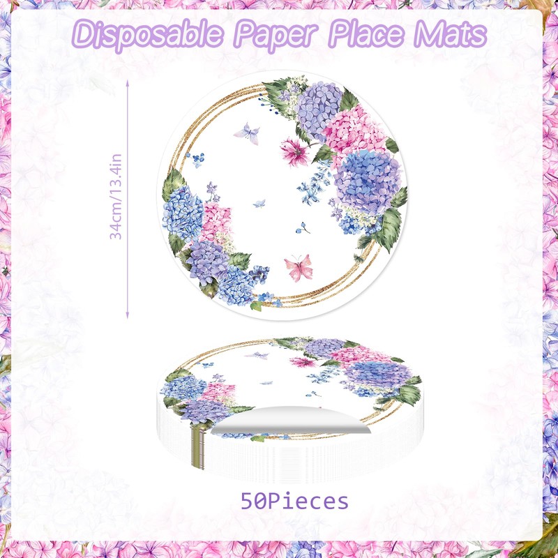 Paper Placemats Disposable 50 Pack Hydrangea Placemats 13.4 Inch Hydrangea