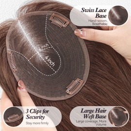 starluck 6x5 inch Lage Swiss Base 14 Inch Real Human Hair Toppers,60 Gram, 100% Real Human Hair Toppers for Women with thinning hair hair loss(Brown, with Bangs)