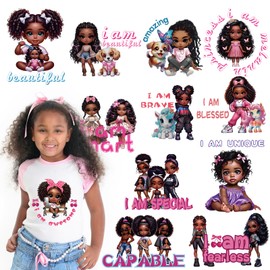 Dazoratix Black Girl Transfer Stickers - 12 Pcs Cute DTF Transfers Ready to Press Dog Iron on Patches Butterfly Washable Heat Decals for Girls DIY T-Shirt Clothing Coat Jeans Backpacks Decorations