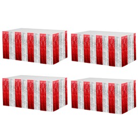 4 Pack 29x108 Inch Metallic Foil Fringe Tinsel Table Skirts for Rectangle Tables Streamer Backdrop for Wedding, Parade Floats, Circus Welcome Carnival Birthday Party Decorations(Red Silver)