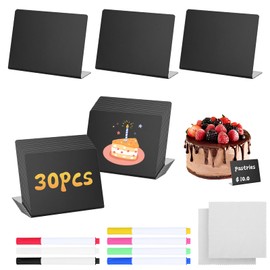 Pack of 30 Chalkboards, Small, L-Shape Price Tags, Stands, 100 x 75 mm, Small Boards for Writing on with 7 Pens, Practical Accessory for Bakery, Cafe, Wedding, Place Cards, Buffet (Black)